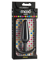A black and multicolored polkadot box with a medium black butt plug with tapered tip, slim neck, and curved flared base