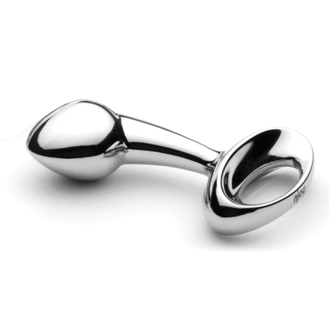 Njoy Pure Plug Medium. A stainless steel anal plug that has a round head with slightly pointed tip, a slimmer neck, and round base with a hole for retreival.