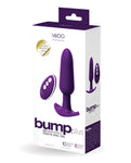 VeDO Bump Plus Remote Control Anal Vibe. A white box with a picture of a long purple butt plug and purple remote control with three silver buttons. Box says bump plus rechargeable remote anal vibre.