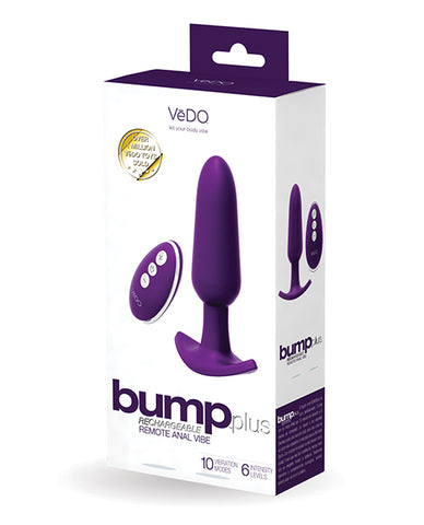 VeDO Bump Plus Remote Control Anal Vibe. A white box with a picture of a long purple butt plug and purple remote control with three silver buttons. Box says bump plus rechargeable remote anal vibre.