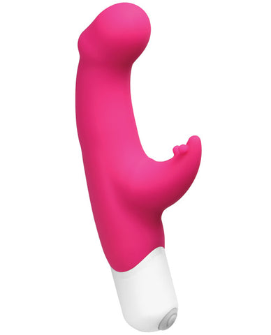 VeDO Joy dual stimulation vibrator in pink. A short curved shaft with rounded head and a short curved arm for clitoral stimulation. It has a very short white base with one button control, which twists off to expose the battery compartment