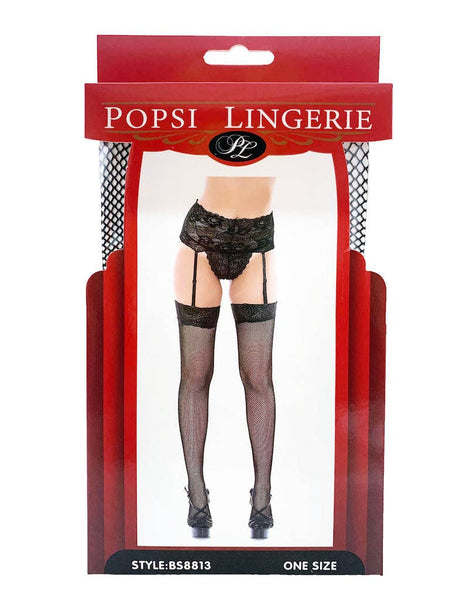 Black Lace Trim Garter With Pantyhose (BOXED): Black / OS