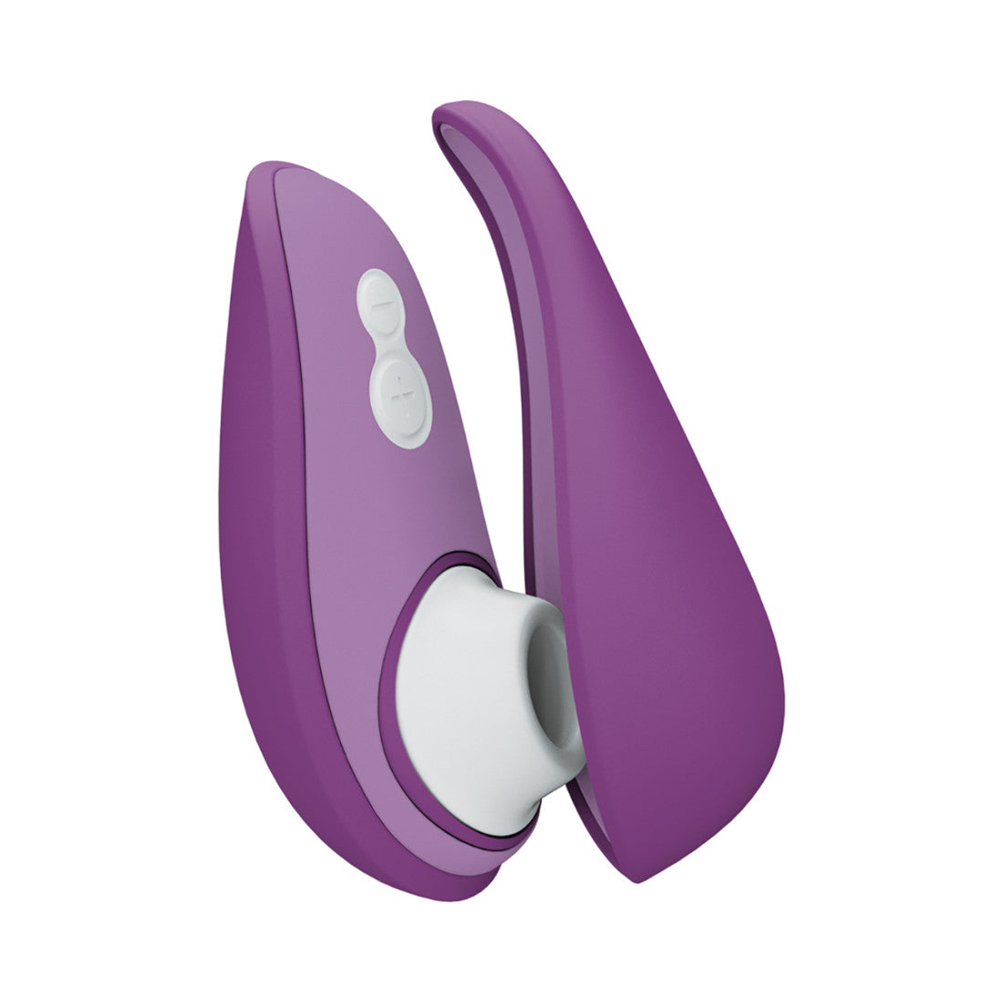 Womanizer Liberty 2 Clitoral Suction Toy in purple. A palm-sized, teardrop shaped toy with a rounded tip. on the front of the larger end there is a white silicone piece with an oval hole which sticks out. There are two white buttons below this.