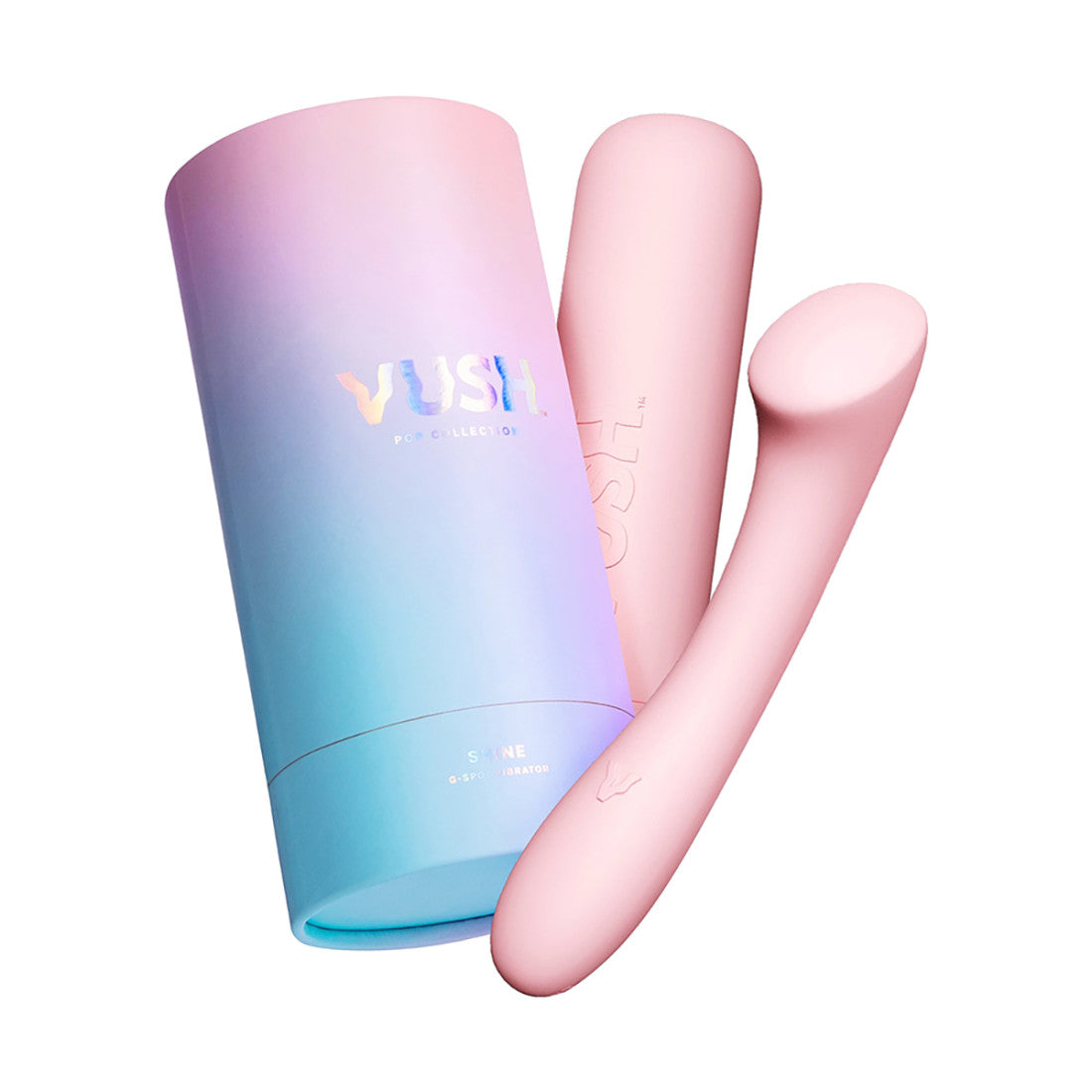 Vush Shine G Spot Vibrator in light Pink. A slim, curved shaft with a tilted flat tip. It has one button control towards the bottom.