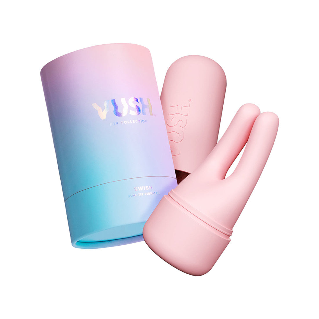 Vush Swish Dual Tip Vibrator in light pink. A small vibrator with two tips like rabbit ears, with one button control.