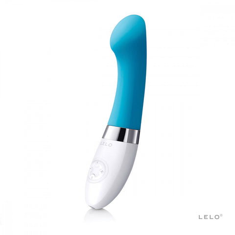 Lelo Gigi 2 g-spot vibrator in turquoise. A shortish, slim shaft with a curved, flat head. The bottom third is a white handle with button controls.