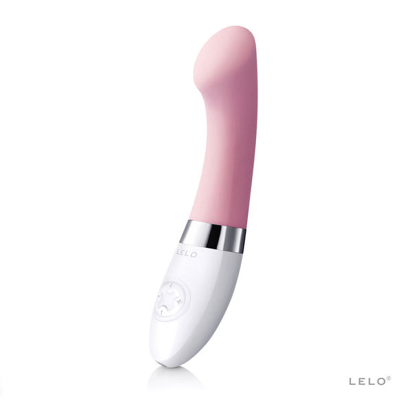 Lelo Gigi 2 g-spot vibrator in pink. A shortish, slim shaft with a curved, flat head. The bottom third is a white handle with button controls.