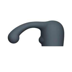 Le Wand Curve Massager Attachment. A round hollow cap in dark gray with a slim, smooth shaft with a slightly bulbous tip, coming out of the top left of the cap. There’s a small bump on the bottom left for clitoral stimulation.