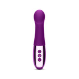 Le Wand Gee G-spot vibrator in Dark Cherry. A shortish, slim, curved shaft with shiny base and button controls on front.