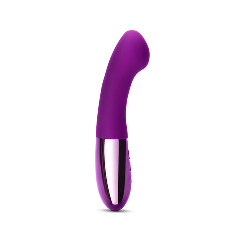 Le Wand Gee G-spot vibrator in Dark Cherry. A shortish, slim, curved shaft with shiny base and button controls on front.