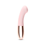 Le Wand Gee G-spot vibrator in Rose Gold. A shortish, slim, curved shaft with shiny base and button controls on front.
