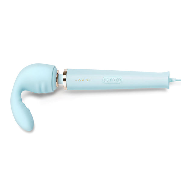 Le Wand Flexi Massager Attachment. A hollow, rounded cap in light blue with a slim, slightly curved, ribbed shaft coming out of the top left of the cap.