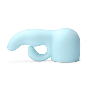 Le Wand Dual Weighted Massager Attachment. A hollow, rounded cap in light blue with a smooth, slightly curved shaft and a shorter curved shaft below it, coming out of the left of the cap.