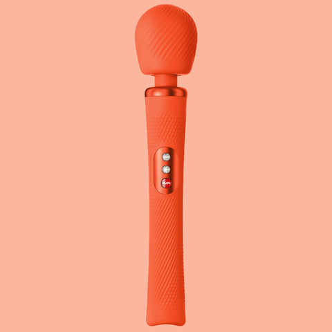 Fun Factory VIM Wand Vibrator in orange. It has a long handle and a wider bulbous head with a flexible neck and button controls