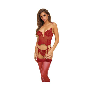 Bombshell Boudoir Lace & Mesh V-Wire Corset w/Garters & G-String - Red