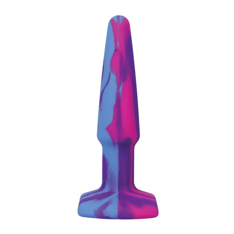 A narrow purple, blue, and pink swirl butt plug with a tapered, rounded tip and rectangular flared base