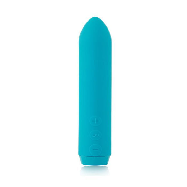 Je Joue Classic Bullet Vibrator in purple. A small bullet shaped vibe with soft tip. Has a removable matching silicone finger sleeve. Three button controls  on the side, near the bottom. A silicone flap covers the charging port on the bottom end.