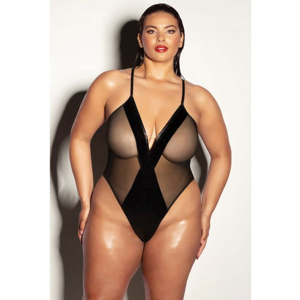 FETISH Finesse Soft Cup Vinyl & Mesh Teddy w/Barbell - 1X/2X