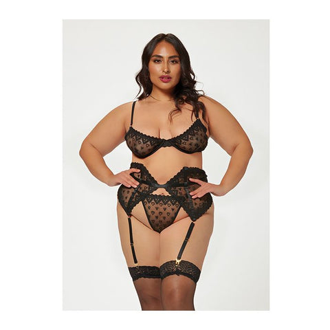 Seven Til Midnight Heart Embroidered Mesh Bra, Garter Belt & Panty