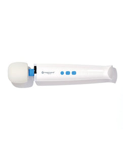 Magic Wand Mini Massager. A long white handle with three blue buttons in the middle and a bulbous rounded with a flexible neck.