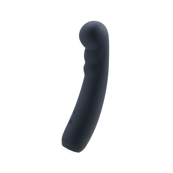 VeDO Midori G-spot or p-spot vibrator in black. A slightly curved shaft about 6 inches long with a slightly bulbous tip and two round bumps below it on the inside of the curve. The bottom quarter has a plus button, a power button, and a minus button.