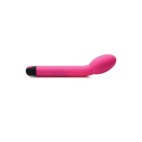 Bang! 10X G-spot / P-spot Vibrator in pink. A long slim handle with an oval-shaped bulb at the tip that’s tilted towards the front. Single button control at bottom end.