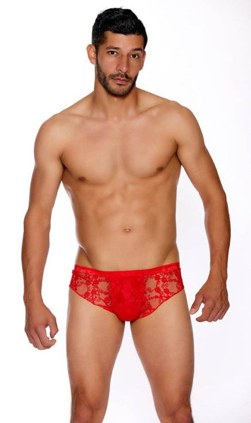 Men's Lace Boyshort: Red / S/M