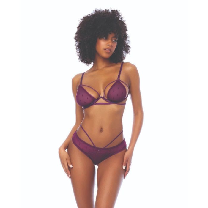 Mapale Dot Mesh Underwire Top w/Open Back Panty - Wine