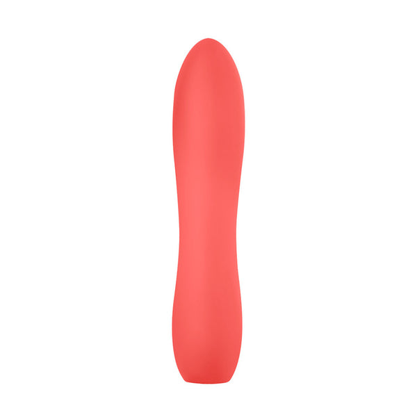 Luv Inc large silicone bullet in coral. A bullet vibe with slightly pointed tip and button control on bottom end. The middle of the bullet is slightly slimmer than the rest.