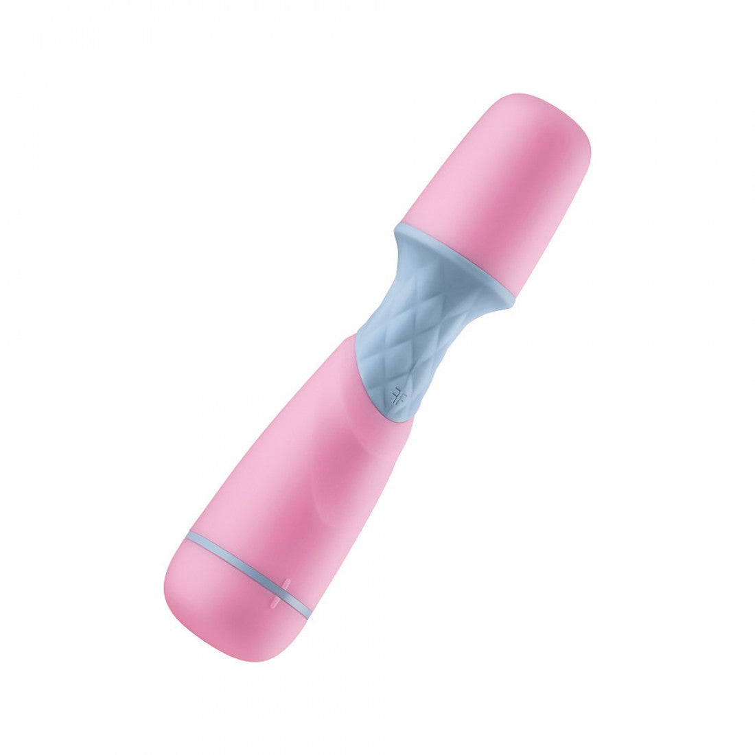 Femme Funn Ffix mini wand in light pink. A small wand vibrator with a head, light blue neck, and handle. Head has a flat top. Two button controls on handle