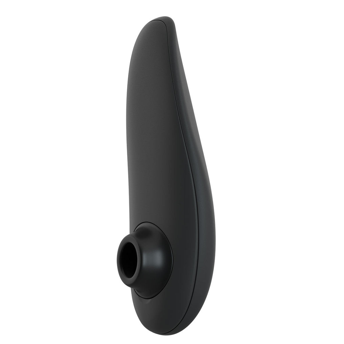 Womanizer Classic clitoral suction toy in black. A teardrop shaped toy with a silicone cap with an oval hole, which sticks out of the inside of the toy near the round end. Two button controls on the back side.