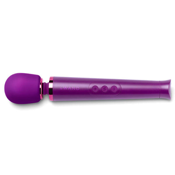 Le Wand Petite massager in dark cherry. A long, wide handle, slim flexible neck and rounded head. Three button controls in the middle of the handle. 