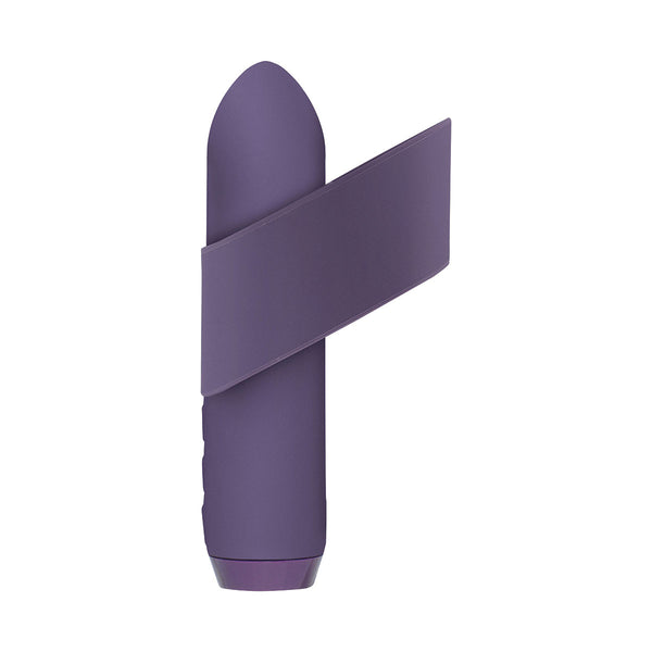 Je Joue Classic Bullet Vibrator in teal. A small bullet shaped vibe with soft tip. Has a removable matching silicone finger sleeve. Three button controls  on the side, near the bottom. A silicone flap covers the charging port on the bottom end.