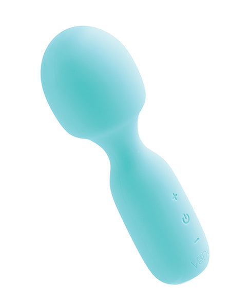 VeDO Wini wand vibrator in turquoise. A short handle with three button controls, a slimmer neck and a wider, round head.