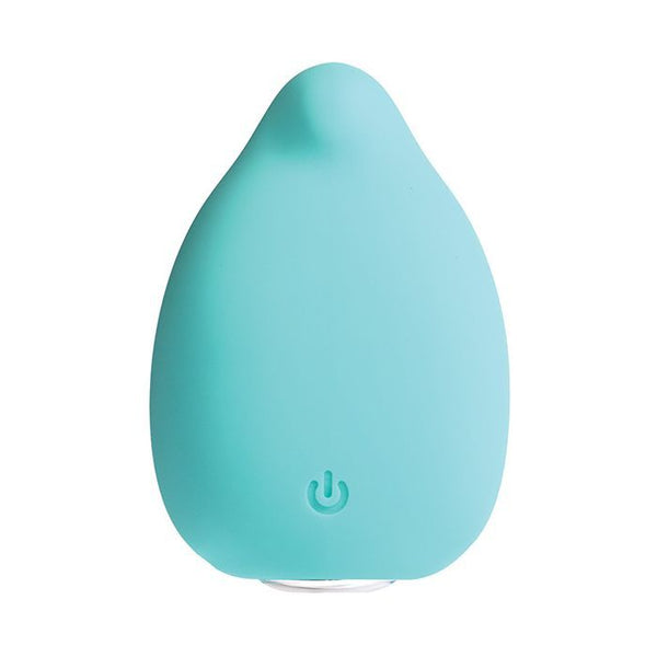 VeDO Yumi finger vibrator in light turquoise. A small, round vibrator with a smaller round tip. The back of the vibe has a fin that goes between two fingers so the user doesn’t have to grip the toy while using it.