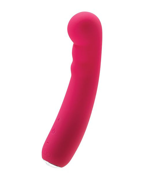 VeDO Midori G-spot or p-spot vibrator in dark purple. A slightly curved shaft about 6 inches long with a slightly bulbous tip and two round bumps below it on the inside of the curve. The bottom quarter has a plus button, a power button, and a minus button.