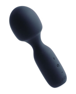 VeDO Wini wand vibrator in black. A short handle with three button controls, a slimmer neck and a wider, rounded head.