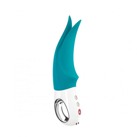 Fun Factory Volta Vibrator in dark petrol. A white plastic handle has a wide hole for fingers to go through, and three buttons on the front. Above that is a wide base and two silicone flap tips.