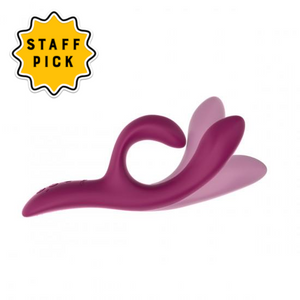 We-Vibe Nova 2 dual stimulation vibrator in fuchsia. A slightly curved, adjustable shaft and a very curved smaller arm for clitoral stimulation. Handle has 4 button controls.