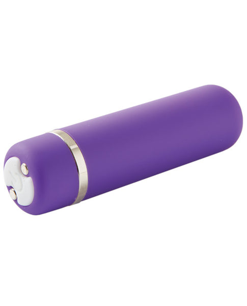 Nu Sensuelle Joie mini bullet vibrator in purple. A short bullet vibe with slightly flat ends and rounded edges. One button control on one end.