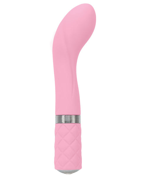 Pillow Talk Sassy g-spot vibrator in pink. A straight shaft with wider curved head. It has a thin silver ring the bottom third above a quilted texture base. It has a single button control on the bottom end which lights up when turned on.