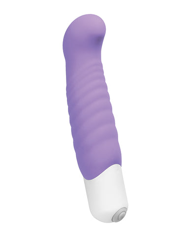 VeDO Inu insertable vibrator in purple. A 5 inch ribbed shaft with curved tip, and a short white base with one button control, which twists off to expose the battery compartment.