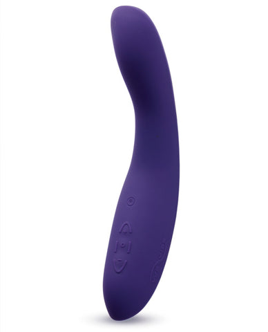 We-Vibe Rave G-spot vibrator in dark purple. A slightly wide, bent shaft and with a slightly asymmetrical shape and smooth edges. Three buttons on the lower half.